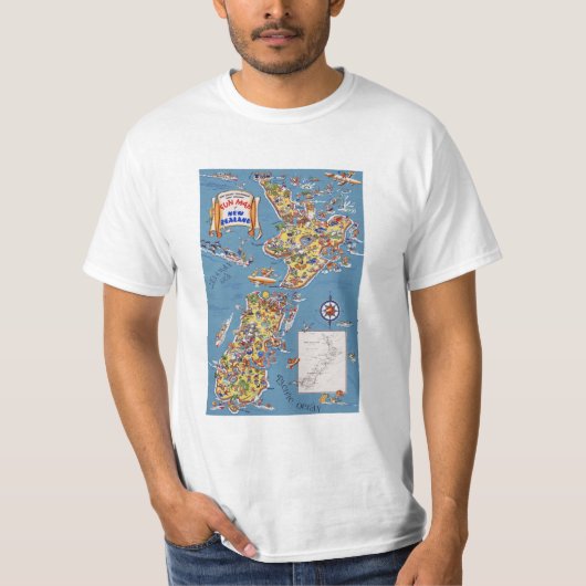 ニュージーランドのヴィンテージ旅行地図 Tシャツ (正面)