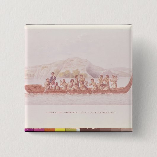 ニュージーランドの先住民が操縦する丸木舟 缶バッジ (正面)