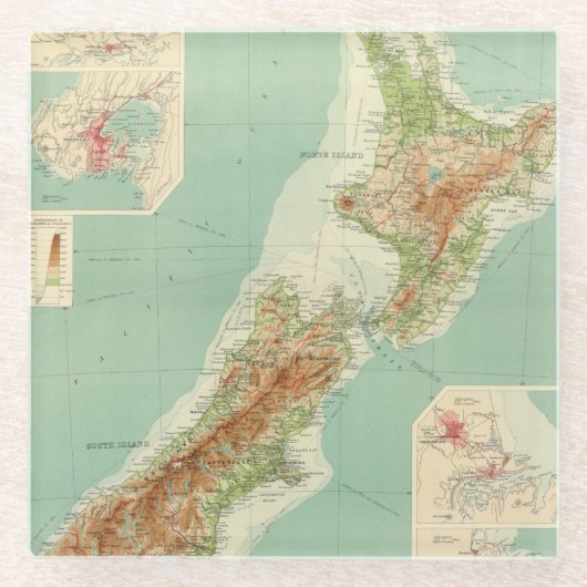 ニュージーランドの地図書の地図 ガラスコースター (正面)