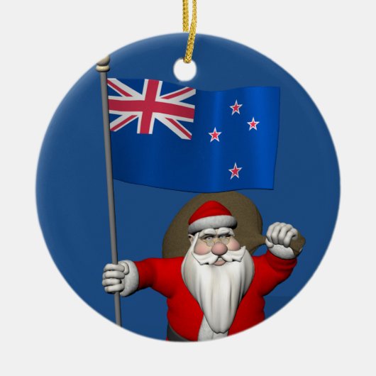 ニュージーランドの看板のあるサンタクロース セラミックオーナメント (正面)