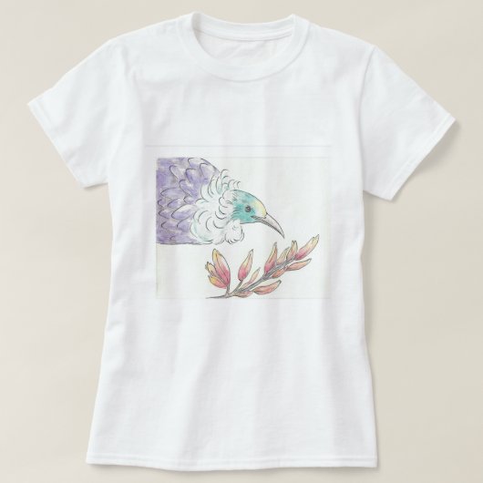 ニュージーランドチュイの鳥とFlax Tシャツ (デザイン正面)