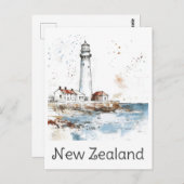 ニュージーランドライトハウスウォーターカラートラベル ポストカード (正面/裏面)
