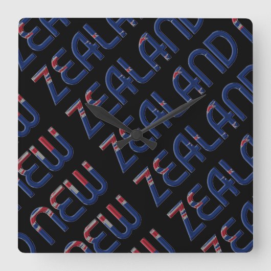 ニュージーランド国旗カラーズタイポグラフィ スクエア壁時計 (正面)