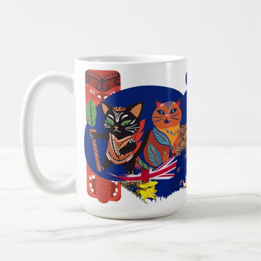 ニュージーランド文化ネコのアート「Paws of Aotearoa」 コーヒーマグカップ (左)