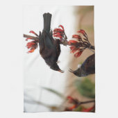 ニュージーランド産の亜麻の上にチュイの鳥 キッチンタオル (縦)