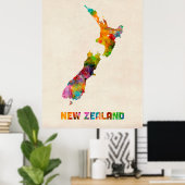 ニュージーランド、水彩マップ ポスター (ホームオフィス)
