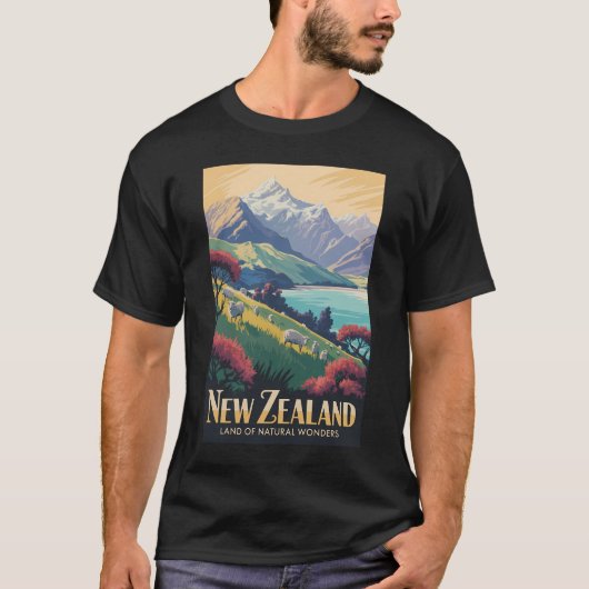 ニュージーランド 羊 イラスト 旅行 アート ヴィンテージ Tシャツ (正面)