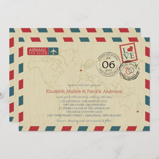 ニュージーランド/英国アンティーク航空便 | ウェディング 招待状 (正面/裏面)