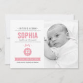 ニュースモダンピンクベビー誕生写真のお知らせ 案内状 (正面)