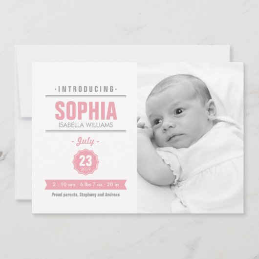 ニュースモダンピンクベビー誕生写真のお知らせ 案内状 (正面)