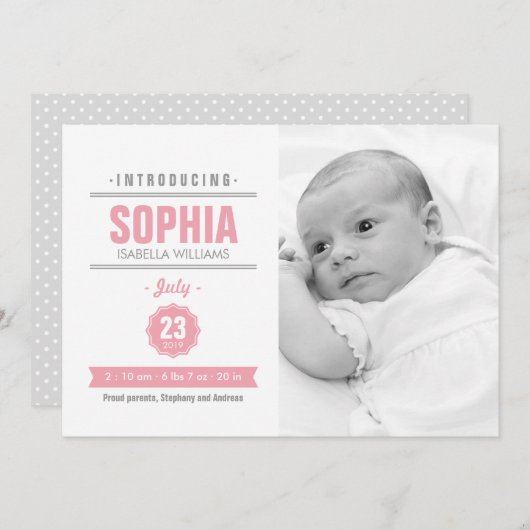 ニュースモダンピンクベビー誕生写真のお知らせ 案内状 (正面/裏面)