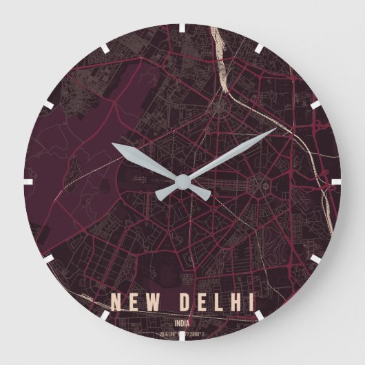 ニューデリー インド 都市地図 ミニマル ラージ壁時計 (正面)
