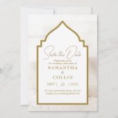 ニュートラエレガントル・ベージュの金ゴールドモダン保存日 招待状 (正面)