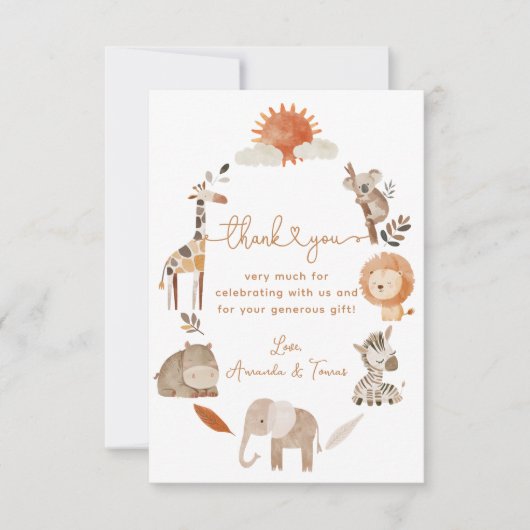 ニュートラミニマルルなサファリの動物の赤ん坊シャワー サンキューカード (正面)