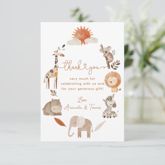 ニュートラミニマルルなサファリの動物の赤ん坊シャワー サンキューカード (スタンド正面)