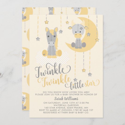 ニュートラルきらめく小さな星の動物の赤ちゃんシャワー 招待状 (正面/裏面)