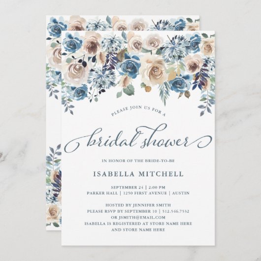 ニュートラルとブルーのフローラ | ブライダルシャワー 招待状 (正面/裏面)