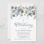 ニュートラルとブルーのフローラ | ボーイまたはガール《キリスト教》洗礼式や命名式 招待状 (正面)
