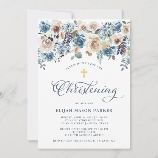 ニュートラルとブルーのフローラ | ボーイまたはガール《キリスト教》洗礼式や命名式 招待状 (正面)