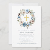 ニュートラルとブルーのフローラ|金ゴールドクロスバプティスマ 招待状 (正面)