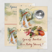 ニュートラルなコウテイペンギン ベイビーシャワー ホワイトジェムストーン モノグラム 招待状 (正面/裏面)