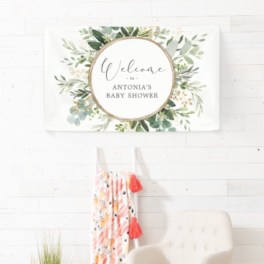 ニュートラルなセージグリーンの装飾 ゴールドのベビーシャワー歓迎 横断幕 (インサイチュ)