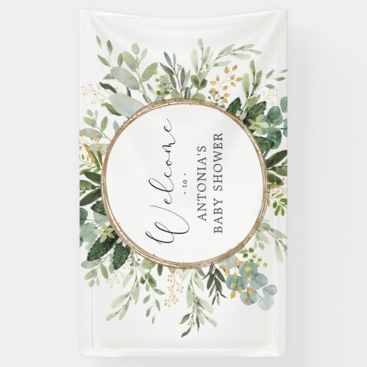 ニュートラルなセージグリーンの装飾 ゴールドのベビーシャワー歓迎 横断幕 (縦)