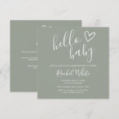 ニュートラルなセージグリーンオールインワン ハロー ベビーシャワー 招待状 (正面/裏面)