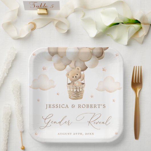 ニュートラルなテディベア性別の暴露 ペーパープレート (ウェディング)