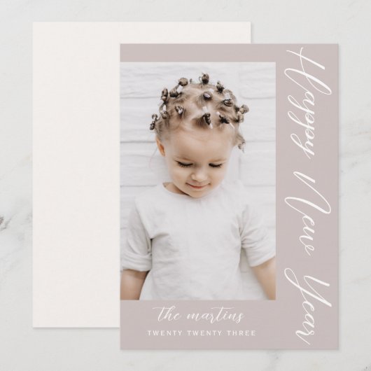 ニュートラルな新年の写真, おしゃれな新年の写真の挨拶は、ニュートラルなカーキと白の色を特徴とし、き シーズンカード (正面/裏面)