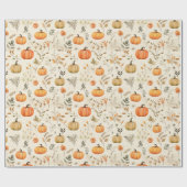 ニュートラルな水彩のカボチャと秋の葉のさし絵 ラッピングペーパー (フラット)