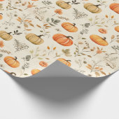 ニュートラルな水彩のカボチャと秋の葉の小枝 ラッピングペーパー (角)