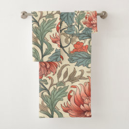 ニュートラルな背景(カラフルピンクのレトロフローラ) バスタオルセット