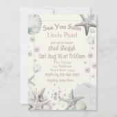 ニュートラルな雰囲気の赤ちゃんのお祝い Sea You Soon Little Pearl 招待状 (正面)