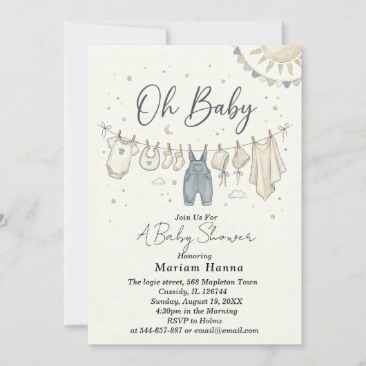 ニュートラルなOh Baby Clotheslineベビーシャワー 招待状 (正面)