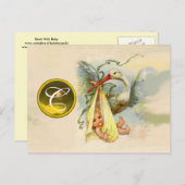 ニュートラルイエローコウノトリ赤ちゃんシャワージェムストーンモノグラム インビテーションポストカード (正面/裏面)