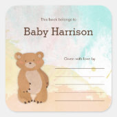 ニュートラルウォーターカラーベアーベビーシャワー蔵書票 スクエアシール (正面)