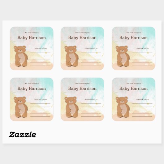 ニュートラルウォーターカラーベアーベビーシャワー蔵書票 スクエアシール (シート)