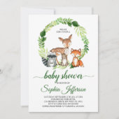 ニュートラルウッドランドベビーシャワー森林動物グリーン 招待状 (正面)