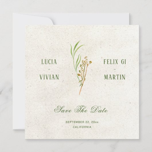 ニュートラルエレガントクリームグリーン素朴保存日 招待状 (正面)