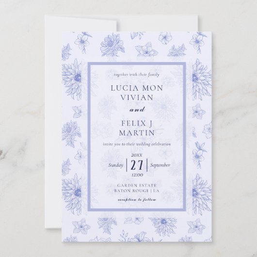 ニュートラルエレガントブルーシャドウフローラすべて1つ 招待状 (正面)