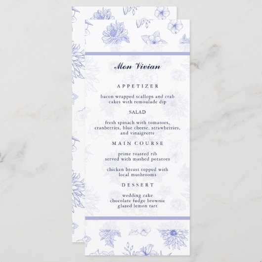 ニュートラルエレガントブルーフラワーズゲストネームディナー メニュー (正面/裏面)