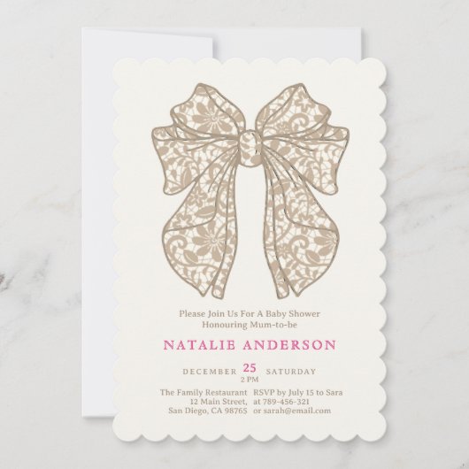 ニュートラルエレガントベージュフローラレースボウベイビーシャワー 招待状 (正面)