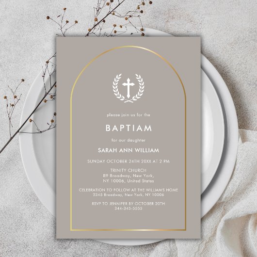 ニュートラルエレガント金ゴールドアーチリースクロスバプテスマ 招待状