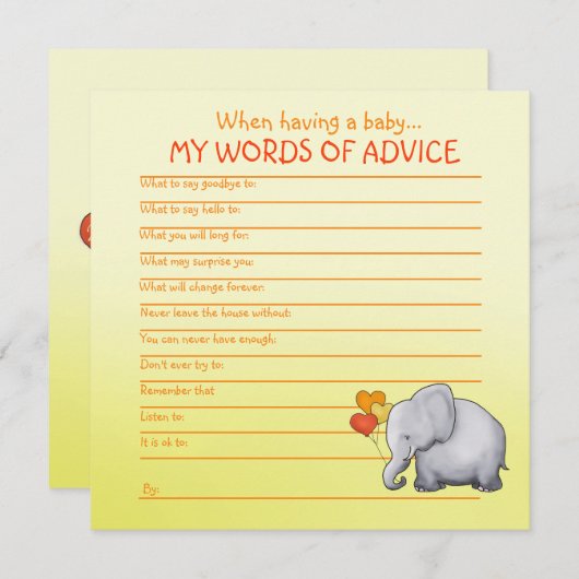 ニュートラルエレファントベビーシャワーアドバイス用ベビー アドバイスカード (正面/裏面)