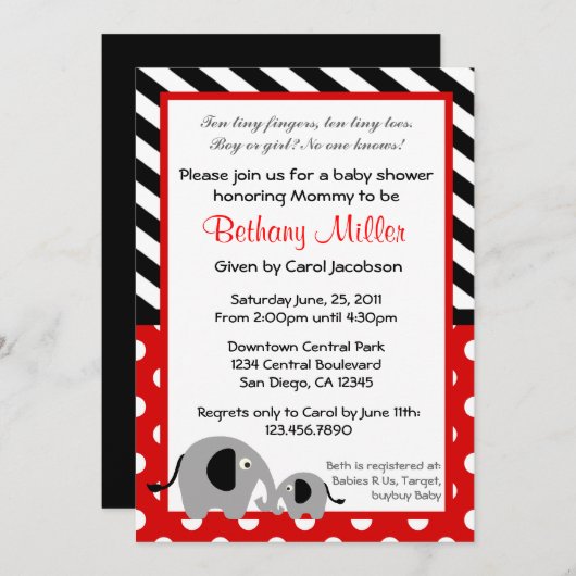 ニュートラルエレファントベビーシャワー招待状 招待状 (正面/裏面)