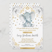 ニュートラルエレファントベビージャーシャワー金ゴールドグレーフローラ 招待状 (正面/裏面)
