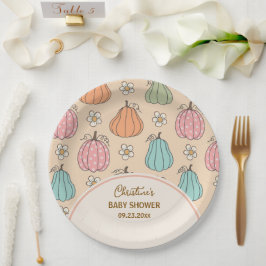 ニュートラルカラフルベージュカボチャ模様ベビーシャワー ペーパープレート