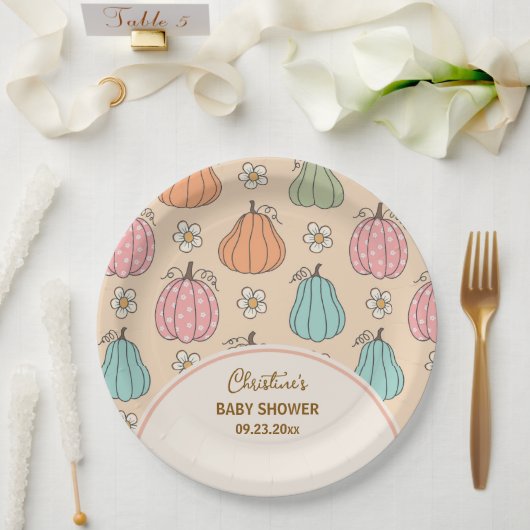 ニュートラルカラフルベージュカボチャ模様ベビーシャワー ペーパープレート (ウェディング)