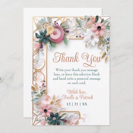ニュートラルカラーフローラ結婚の紙クイリング枠 サンキューカード (正面/裏面)